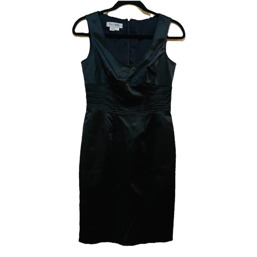 KAY UNGER Black Satin Knee Length LBD Bodycon Shift Dress Sz 4P